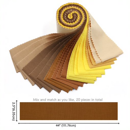 Fabric swatches in brown, yellow, and beige colors with a measurement label on a white background.
